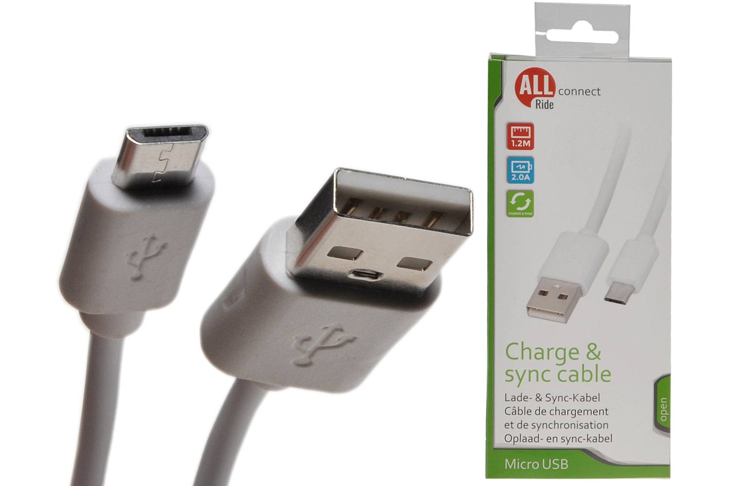 Câble de charge et sync, ALLRIDE Connect, 2.0A, Micro-Usb, blanc, 120cm, PVC 2