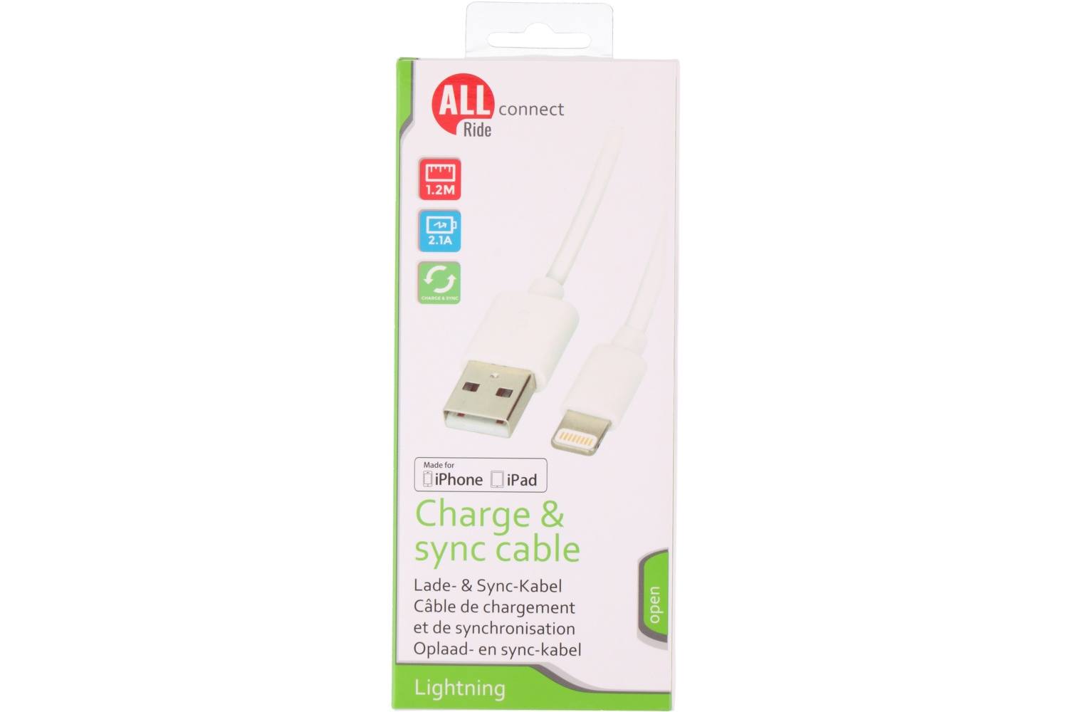 Sync- en oplaadkabel, ALLRIDE Connect, 2.1A, USB A to Lightning, PVC, wit, 120cm 2