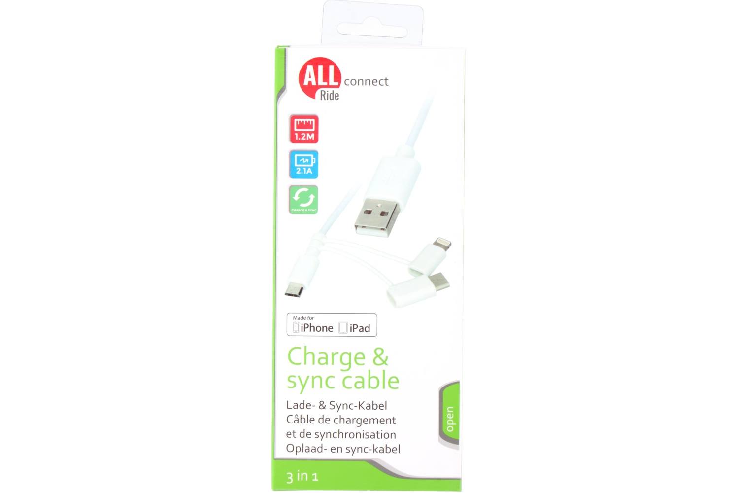 Câble de charge et sync, ALLRIDE Connect, 2.1A, blanc, 120cm, 3-en-1, PVC 2