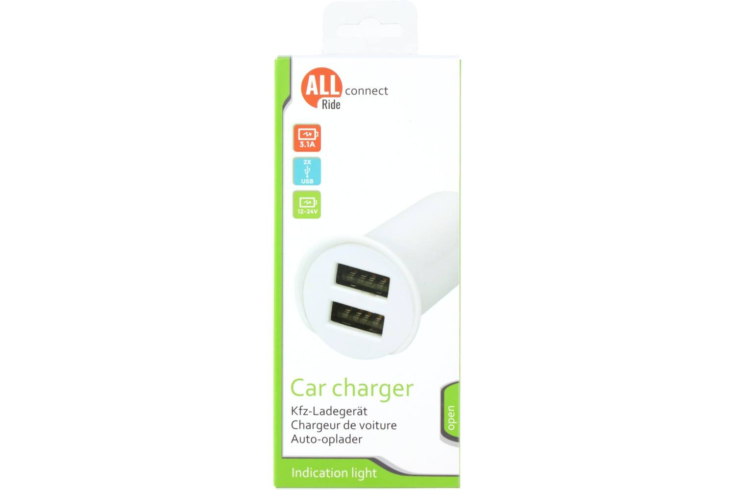 Chargeur de voiture, AllRide Connect, 3.1A, 12/24V, 2x USB, blanc 2