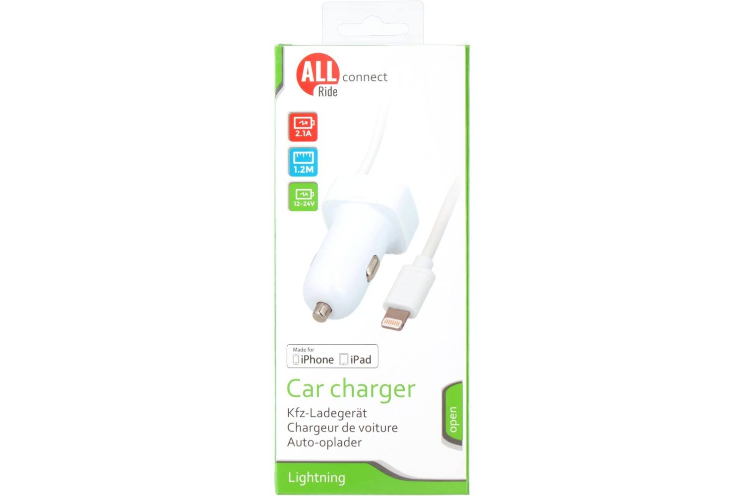Chargeur de voiture, ALLRIDE Connect, 2.1A, 12/24V, Lightning, PVC, blanc, 120cm, iPhone/iPad 2