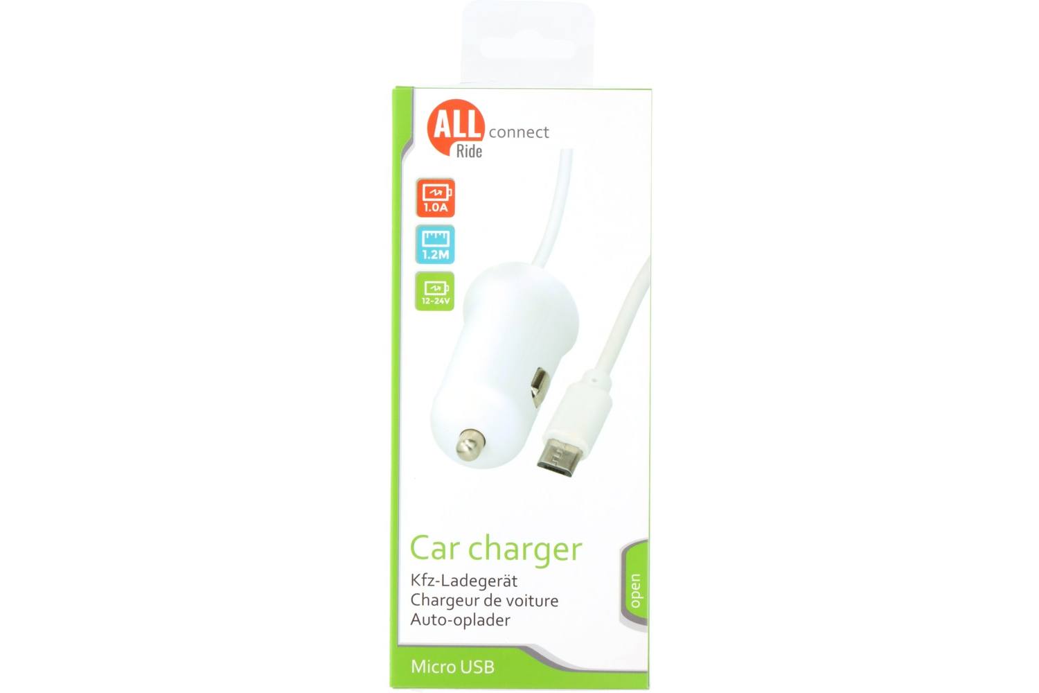 Chargeur de voiture, AllRide Connect, 1A, 12/24V, Micro USB, PVC, blanc, 120cm 2