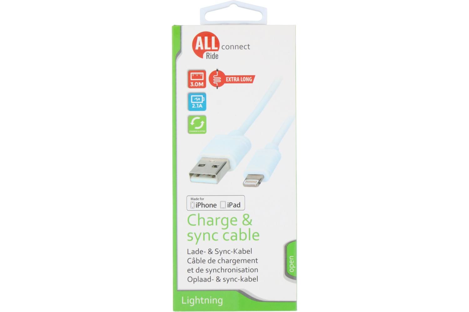 Câble de charge et sync, ALLRIDE Connect, 2.1A, Lightning, blanc, 3M, PVC 2