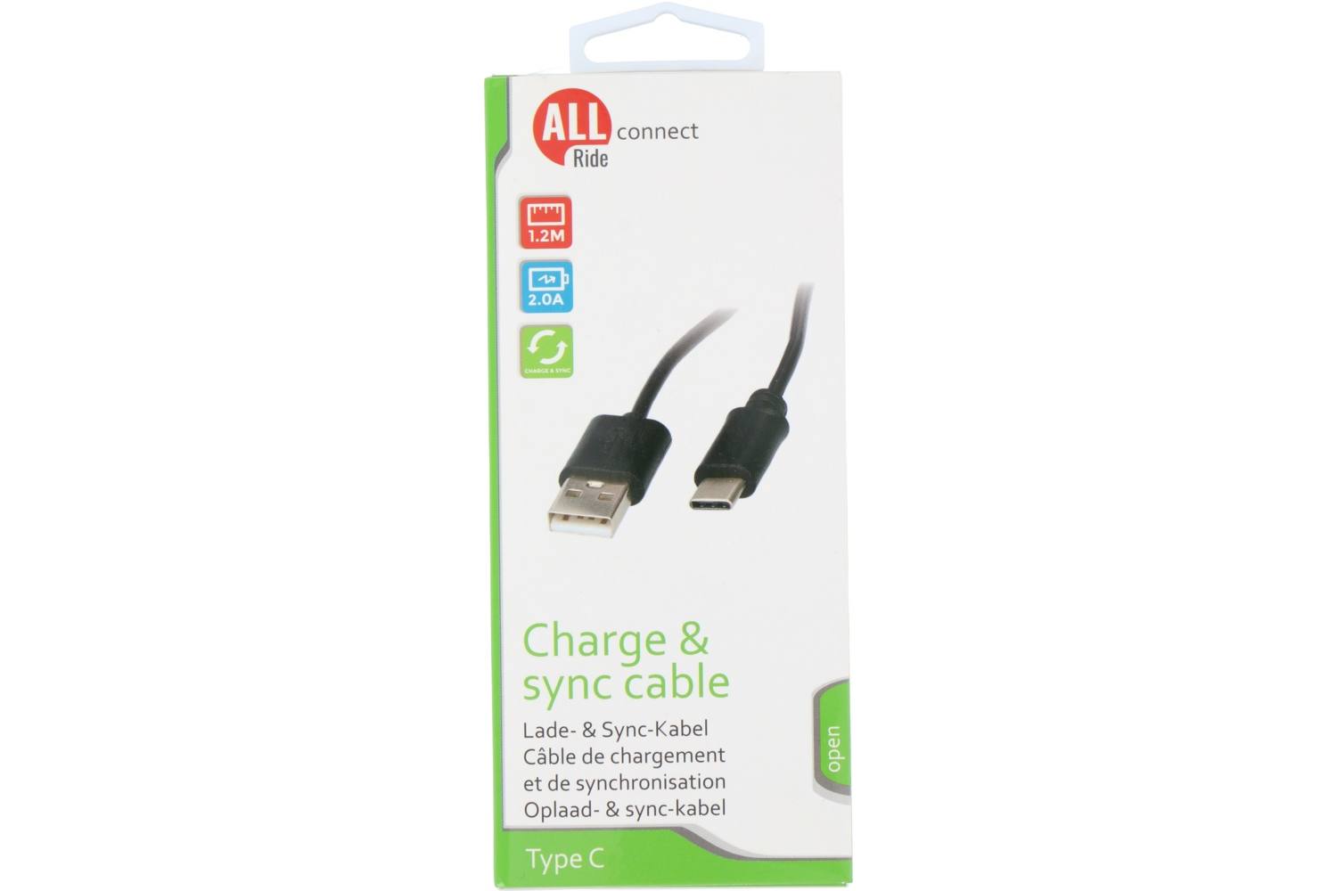 Sync- en oplaadkabel, AllRide Connect, 2.0A, USB A tot C, zwart, 120cm, PVC 2