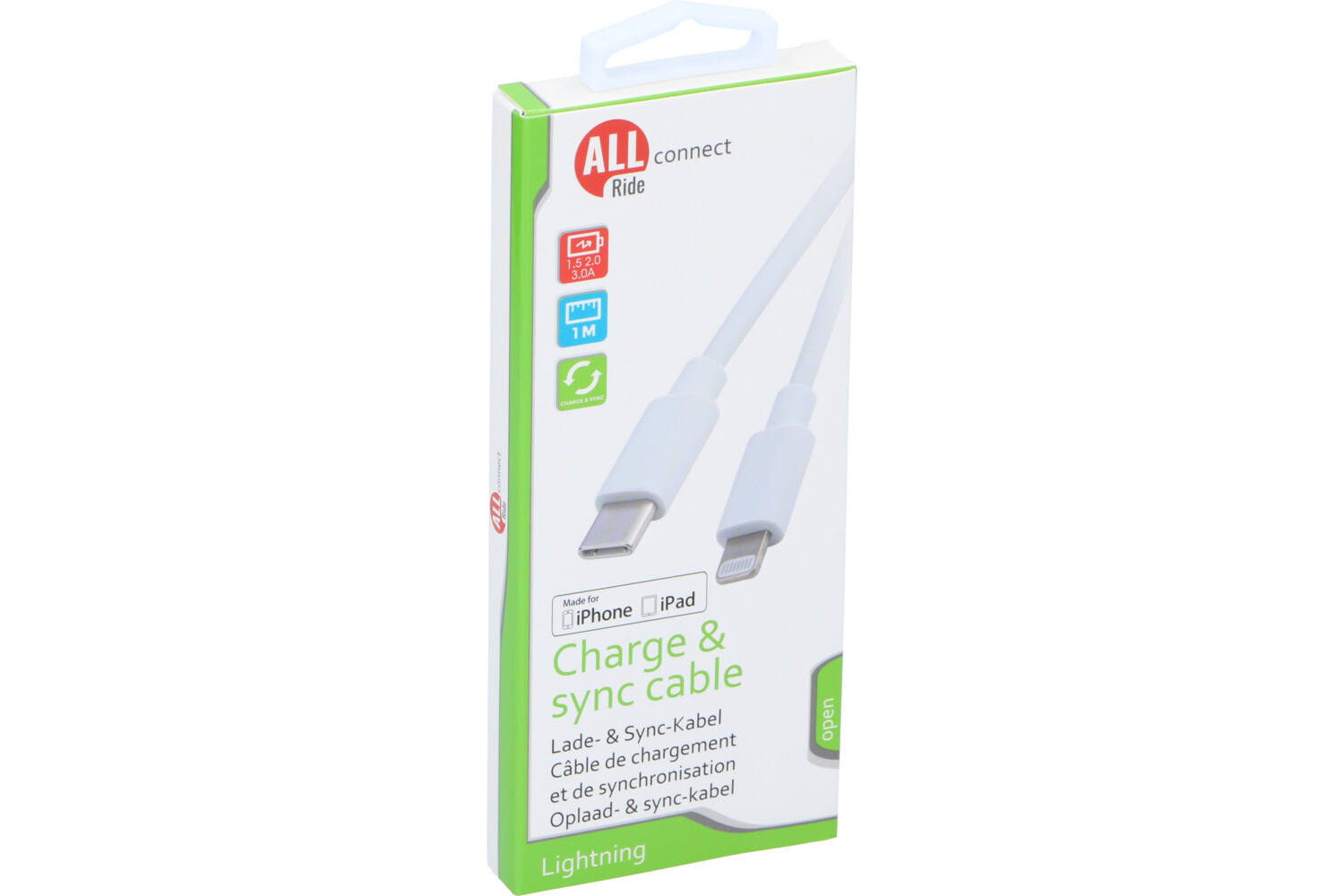 Câble de charge et sync, ALLRIDE Connect, 3.0A, USB C à Lightning, PVC, blanc, 100cm 2