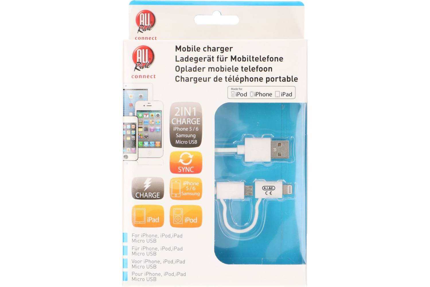 Câble de charge et sync, AllRide Connect, micro USB en lightning 2 in 1, MFI 2