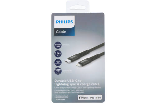 Câble de charge et sync, Philips, USB C à Lightning, noir, 200cm 1