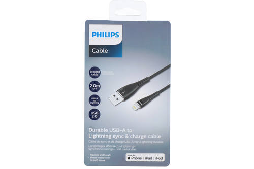 Sync- en oplaadkabel, Philips, USB A tot lightning, zwart, 200cm 1