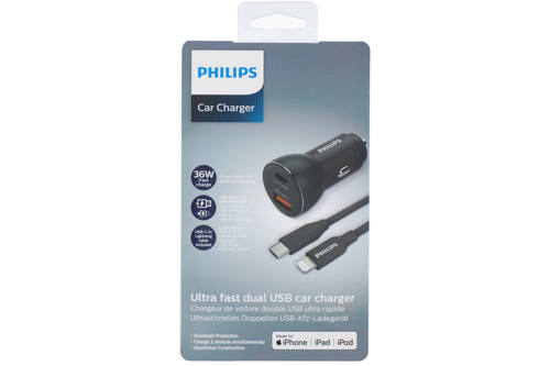 Chargeur de voiture, Philips, Type C - USB A, 1 mètre de câble USB C à lightning 1