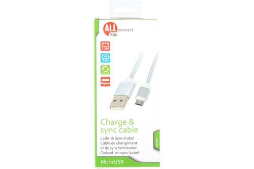 Câble de charge et sync, ALLRIDE Connect, 2.0A, Micro-Usb, blanc, 120cm, nylon 1