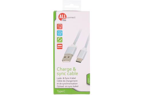 Câble de charge et sync, ALLRIDE Connect, 2.0A, USB & Type-C, blanc, 120cm, nylon 1