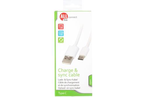 Câble de charge et sync, ALLRIDE Connect, 2.0A, USB - C, PVC, blanc, 120cm 1