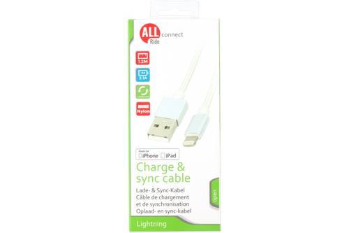Sync- en oplaadkabel, ALLRIDE Connect, 2.1A, USB A to Lightning, nylon, wit, 120cm 1