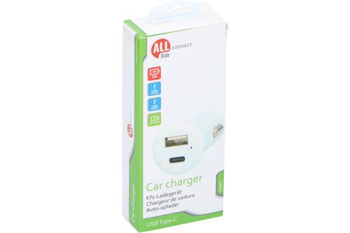 Chargeur de voiture, ALLRIDE Connect, 3A, 12/24V, USB & Type-C, blanc 1