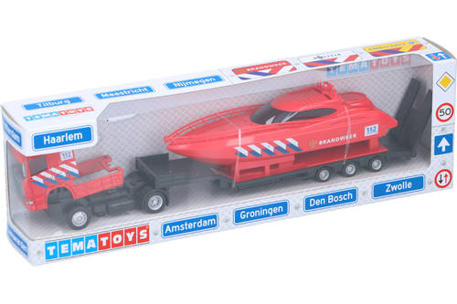 Speelgoed, Tematoys, Die-cast vrachtwagen met boot - brandweer 1
